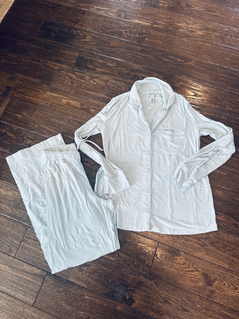 SKIMS Light Blue Ribbed Long Sleeve Pajama Set